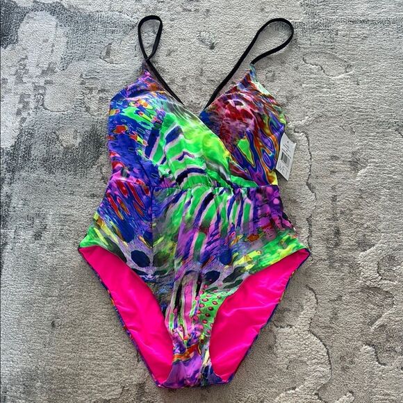 Green and Pink One Piece Swimsuit with Tropical Design - Picture 1 of 11